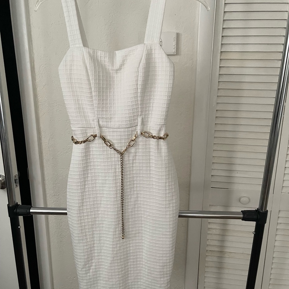 Premier White Sheath Midi Dress with Square Neck and Cream Texture